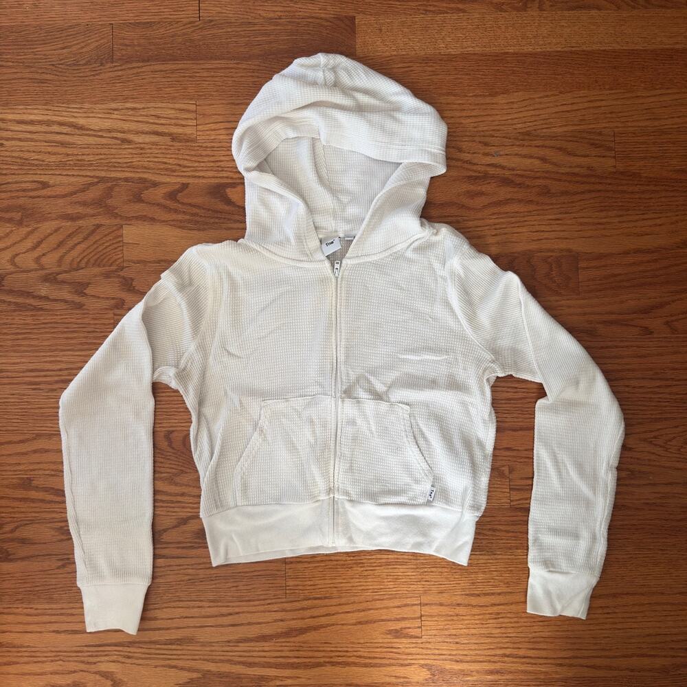 Aritzia TNA Women's Front Zip Hoodie Size S | White Waffle-knit Cropped
